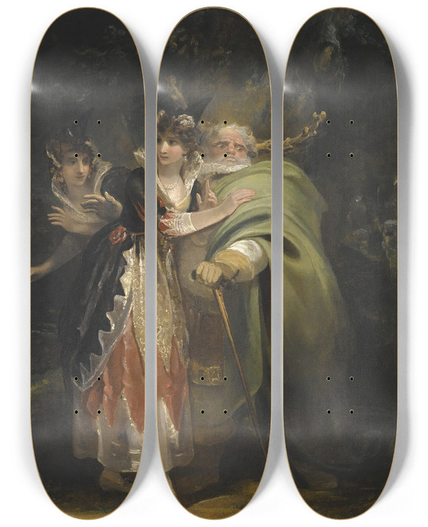 Triptych art skateboard deck of Henry Singleton Falstaff At Hernes Oak by Henry Singleton (1766-1839)