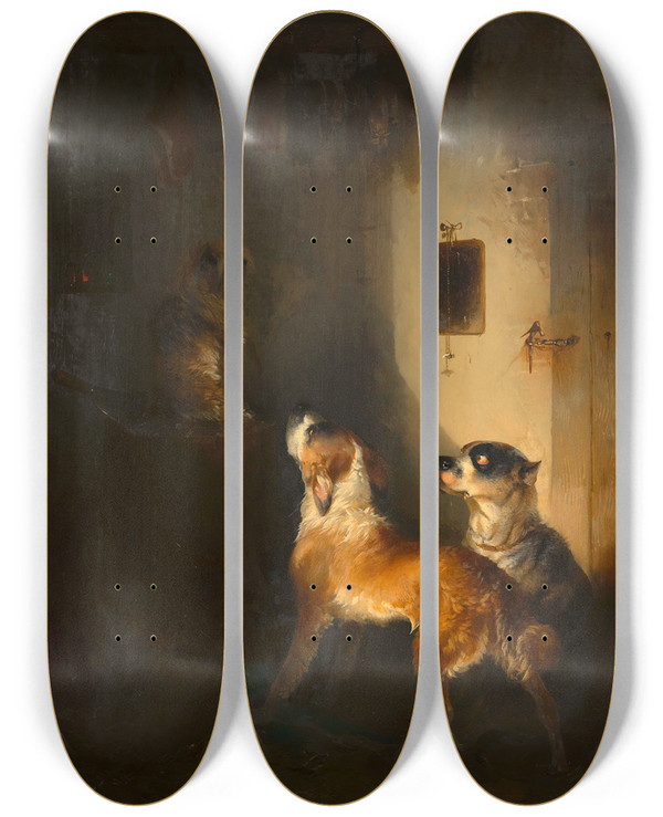 Triptych art skateboard deck of Carl Pischinger Drei Hunde In Einer Fleischkammer by Carl Pischinger (1823-1886)