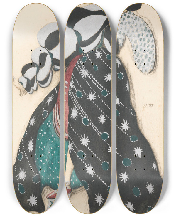 Triptych art skateboard deck of Lon Bakst Costume Design For Potiphars Wifein The Legend Of Joseph_2 by Leon Bakst (1866-1924)