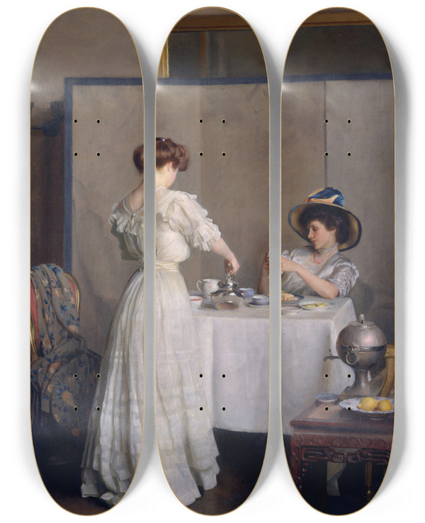Triptych art skateboard deck of William Mcgregor Paxton Tea Leaves by William Mcgregor Paxton (1869-1941)