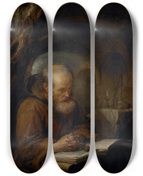 Triptych art skateboard deck of Gerrit Dou A Hermit Praying by Gerrit Dou (1613-1675)