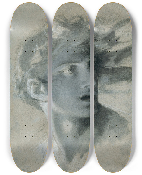 Triptych art skateboard deck of Pierrepaul Prudhon Head Of Vengeance by Pierre-Paul Prud'hon (1758-1823)