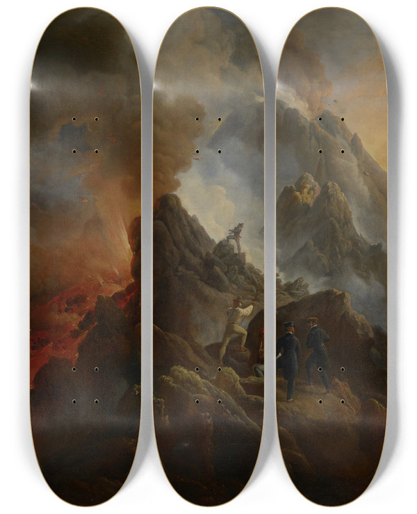 Triptych art skateboard deck of Horace Vernet The Vesuvius Erupting The Artist And His Father Carle Vernet In The Foreground by Horace Vernet (1789-1863)