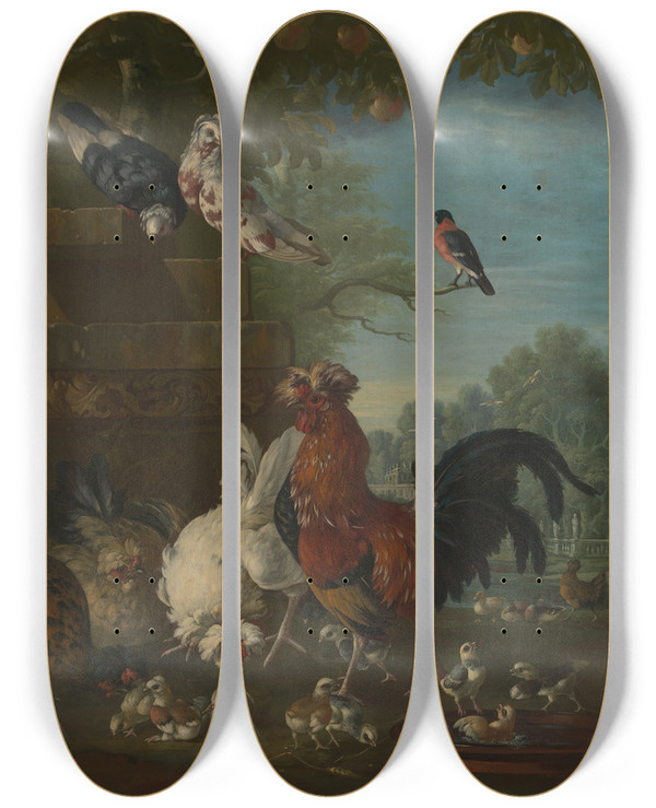 Triptych art skateboard deck of Pieter Casteels Domestic Cock Hens And Chicks In A Park by Pieter Casteels (1684-1749)
