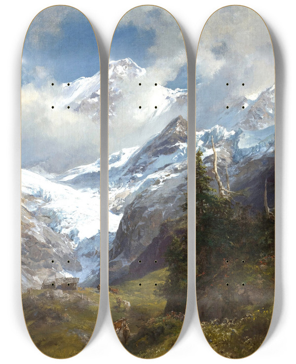Triptych art skateboard deck of Edward Theodore Compton Hochgebirgslandschaft Mit Gletscher by Edward Theodore Compton (1849-1921)