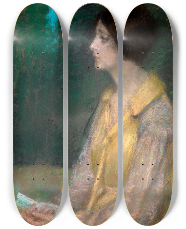 Triptych art skateboard deck of Alice Pike Barney The Letter by Alice Pike Barney (1857-1931)