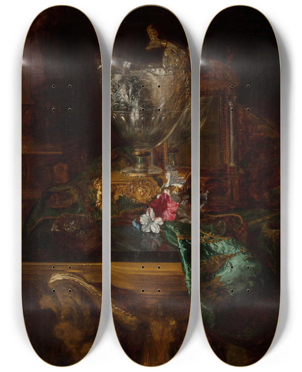 Triptych art skateboard deck of Blaisealexandre Desgoffe A Nautilus Cup On A Carved Stand With A Floral Still Life by Blaise-Alexandre Desgoffe (1830-1901)