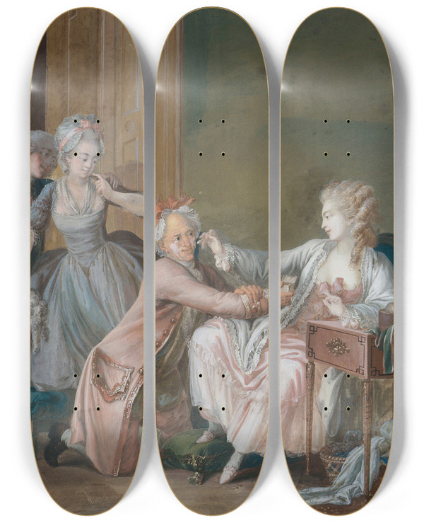 Triptych art skateboard deck of Antoine Borel Le Vieillard Fard by Antoine Borel (1743-1810)