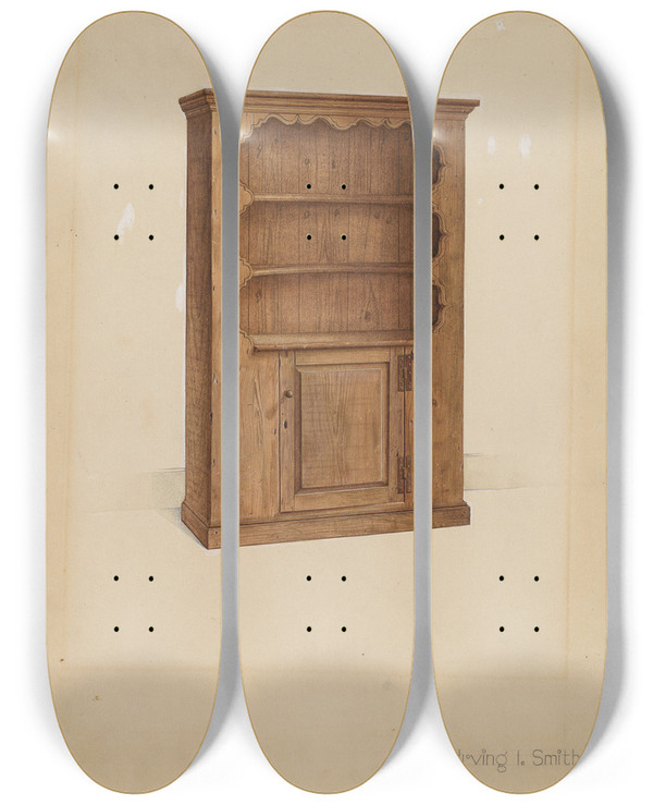 Triptych art skateboard deck of Irving I Smith Dresser Or Cupboard by Irving I Smith