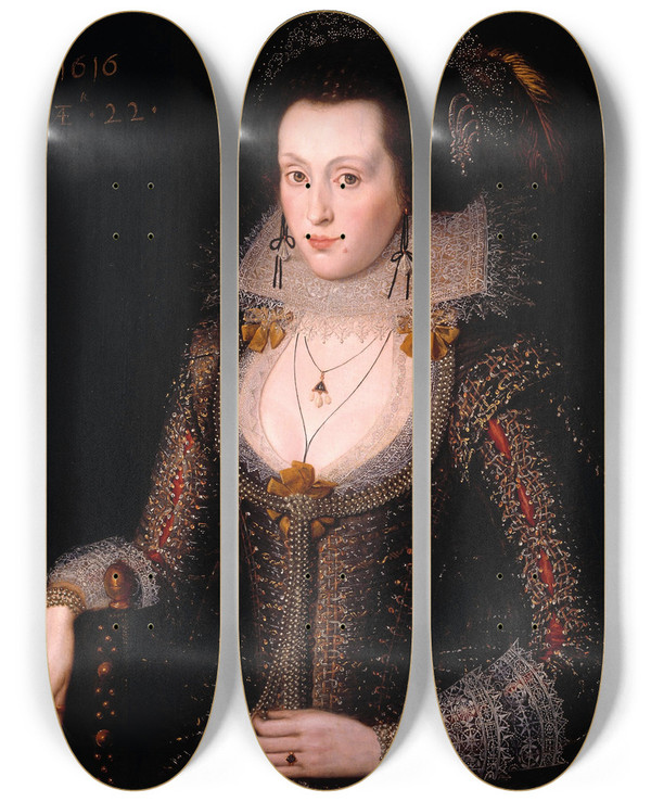 Triptych art skateboard deck of Robert Peake The Elder Portrait Of Elizabeth Poulett by Robert Peake The Elder (1546-1619)