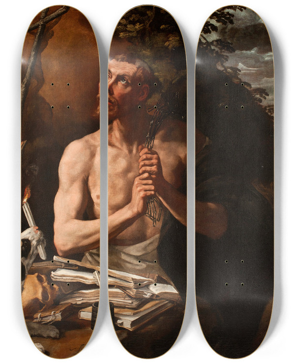 Triptych art skateboard deck of Luis Tristn St Dominic In Penitence by Luis Tristan (1585-1624)