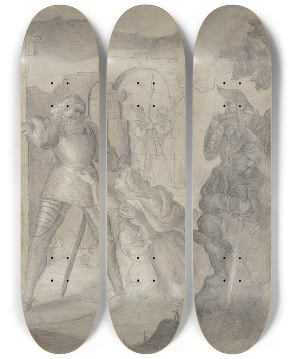 Triptych art skateboard deck of Victor Mller Eine Frau Mit Einem Kinde Kniet Flehend Vor Einem Ritter Daneben Andere Ritter Und Eine Burg by Victor Muller (1829-1871)