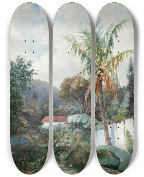 Triptych art skateboard deck of William H Hillard Tropical Landscape by William H Hillard (1836-1905)