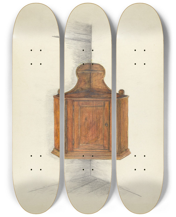 Triptych art skateboard deck of Meyer Goldbaum Corner Cupboard by Meyer Goldbaum