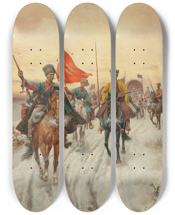 Triptych art skateboard deck of Adolf Baumgartnerstoiloff The Escort by Adolf Baumgartner Stoiloff (1850-1924)