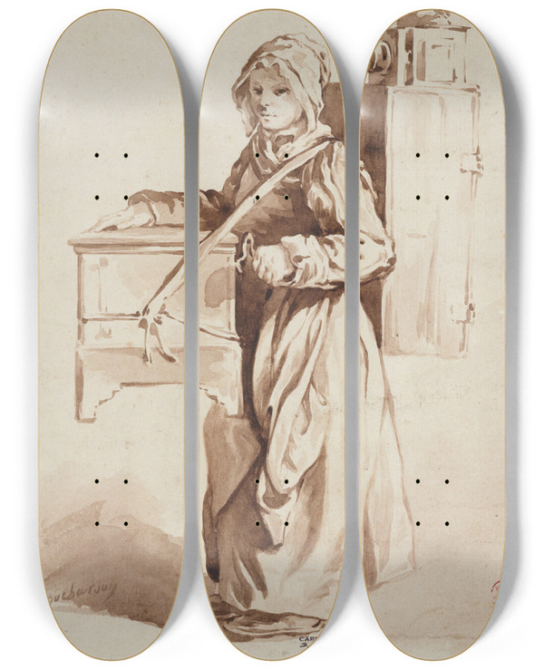 Triptych art skateboard deck of Edm Bouchardon Jeune Fille La Lanterne Magique by Edme Bouchardon (1698-1762)