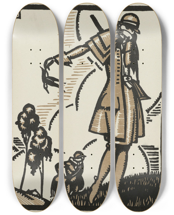 Triptych art skateboard deck of Maurice Leroy Remords Costume De Chasse by Maurice Leroy (1885-1973)