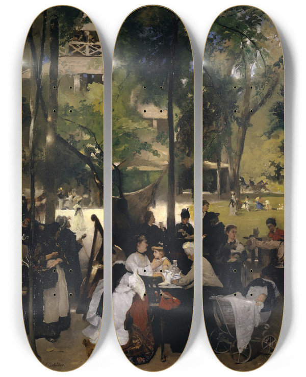 Triptych art skateboard deck of Ernst Schiess The Chinese Tower In The English Garden In Munich by Ernst Schiess (1872-1919)