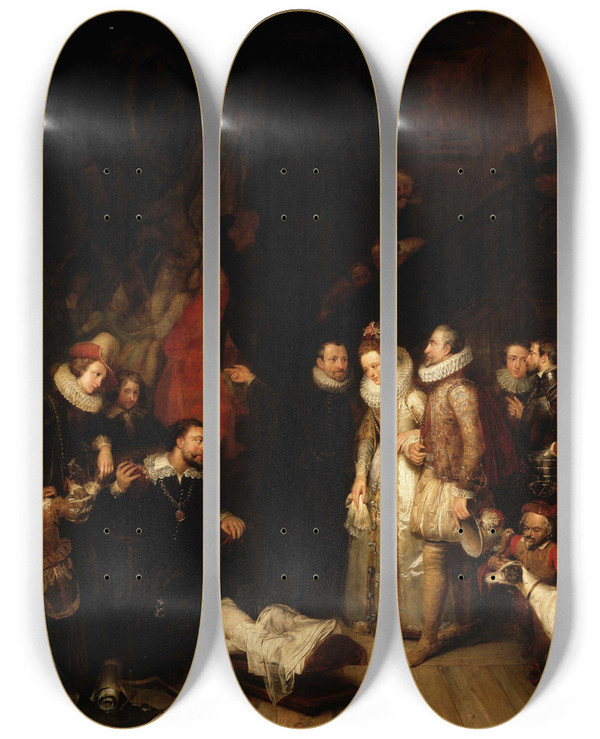 Triptych art skateboard deck of Edouard Dujardin Albert And Isabella Visit The Studio Of Peter Paul Rubens by Edouard Dujardin (1817-1889)