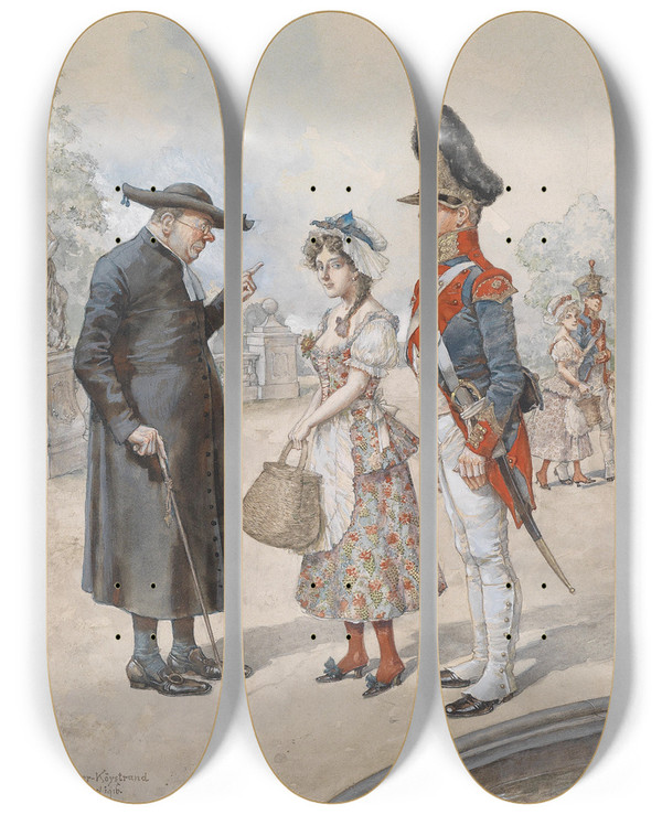 Triptych art skateboard deck of Carl Fischerkystrand Geistliche Ermahnung by Carl Fischer Koystrand (1861-1918)