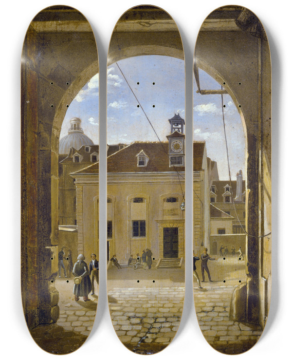 Triptych art skateboard deck of Etienne Bouhot La Cour Du Collge Saintebarbe Rue De Reims by Etienne Bouhot (1780-1862)