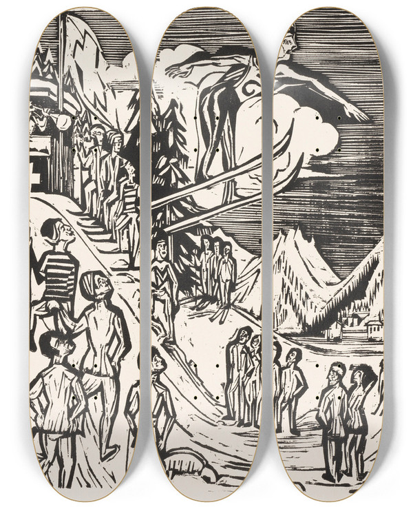 Triptych art skateboard deck of Ernst Ludwig Kirchner Skisprung by Ernst Ludwig Kirchner (1880-1938)