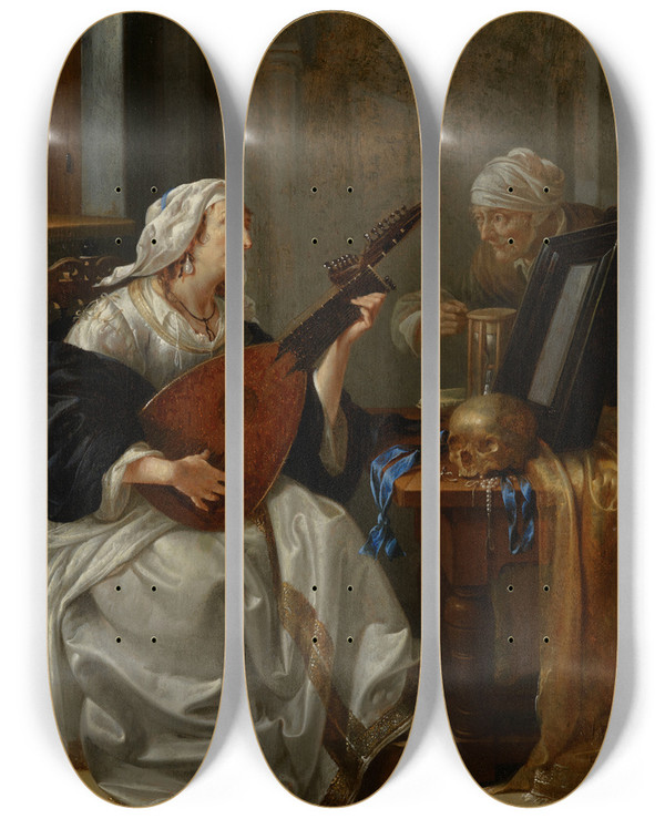 Triptych art skateboard deck of Jacob Duck Woman Playing A Theorbo by Jacob Duck (1600-1667)