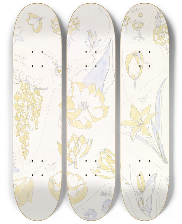 Triptych art skateboard deck of Theo Colenbrander Ontwerpen Voor Aardewerkdecoratie Zes Tulpen En Andere Bloemen by Theo Colenbrander (1841-1930)