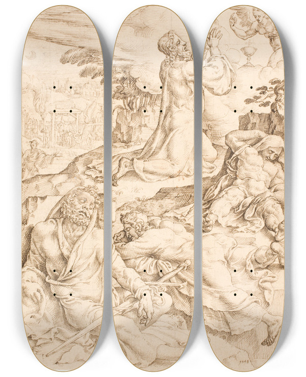 Triptych art skateboard deck of Maarten Van Heemskerck Kristus P Oliebjerget by Maarten Van Heemskerck (1498-1574)