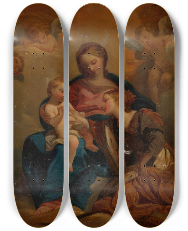 Triptych art skateboard deck of Nils Jakob Olsson Blommr The Mystical Marriage Of Saint Catherine by Nils Jakob Olsson Blommer (1816-1853)