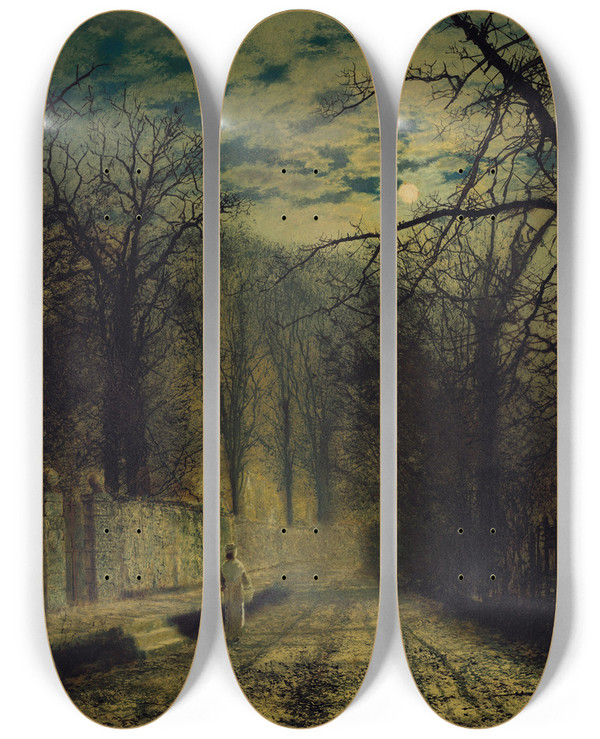 Triptych art skateboard deck of John Atkinson Grimshaw A Moonlit Street_2 by John Atkinson Grimshaw (1836-1893)