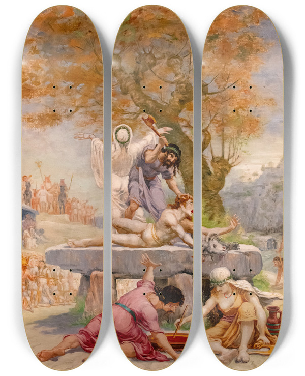Triptych art skateboard deck of Jeanbaptiste Cariven Sacrifice On A Dolmen by Jean-Baptiste Cariven (1843-1904)