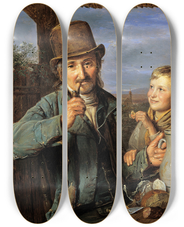 Triptych art skateboard deck of Ferdinand Georg Waldmller Taglhner Mit Seinem Sohn by Ferdinand Georg Waldmuller (1793-1865)