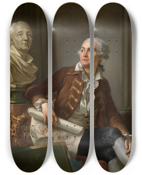 Triptych art skateboard deck of Jeansimon Berthlemy Portrait Of A Gentleman With The Bust Of Denis Diderot by Jean Simon Berthelemy (1743-1811)