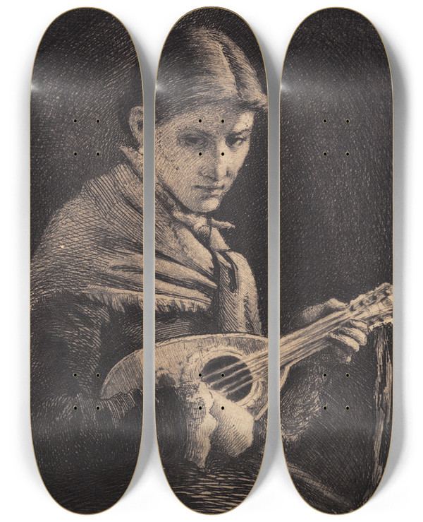 Triptych art skateboard deck of Frans Schwartz Ung Pige Med Mandolin by Frans Schwartz (1850-1917)