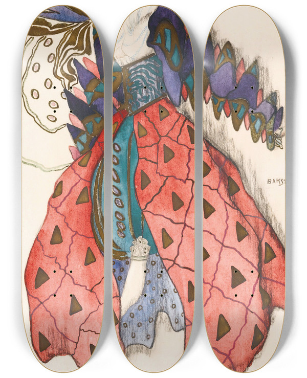 Triptych art skateboard deck of Lon Bakst Costume Design For Potiphars Wife In The Legend Of Joseph by Leon Bakst (1866-1924)