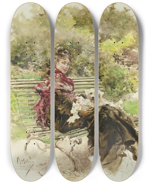 Triptych art skateboard deck of Giovanni Boldini In The Park by Giovanni Boldini (1842-1931)