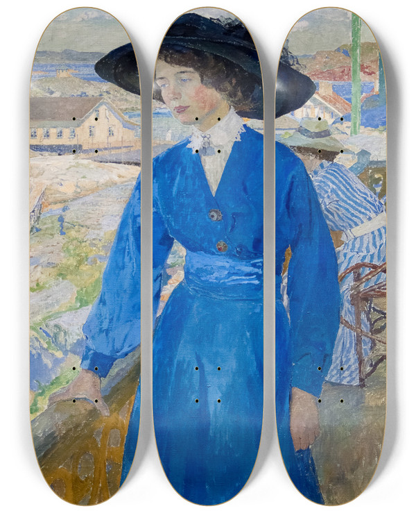 Triptych art skateboard deck of Carl Wilhelmson Girl In Blue_1 by Carl Wilhelmson (1866-1928)
