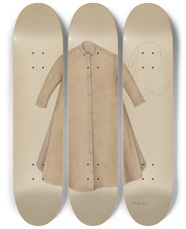 Triptych art skateboard deck of Margaret Concha Childs Coat by Margaret Concha