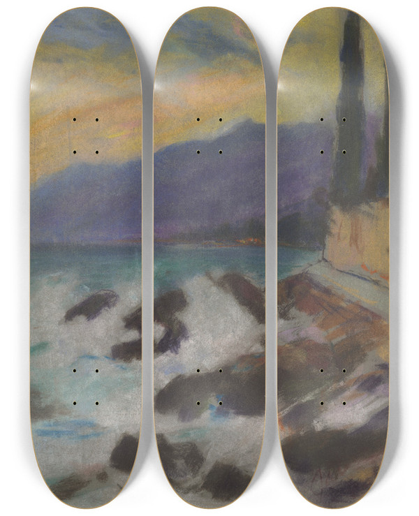 Triptych art skateboard deck of Zolo Palugyay Rocky Seashore With Cypresses by Zolo Palugyay (1898-1935)