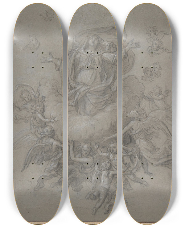 Triptych art skateboard deck of Nicolas De Plattemontagne The Assumption Of The Virgin by Nicolas De Plattemontagne (1631-1706)