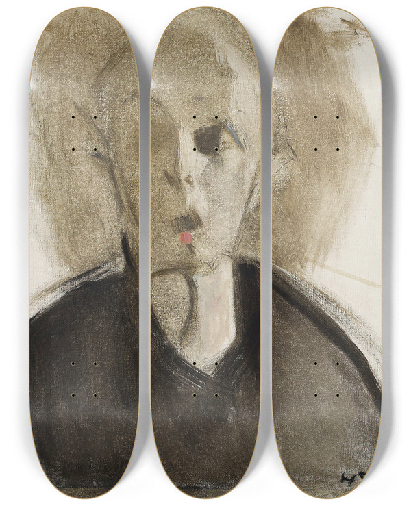 Triptych art skateboard deck of Helene Schjerfbeck Selfportrait With Red Spot by Helene Schjerfbeck (1862-1946)