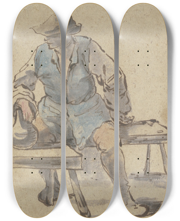 Triptych art skateboard deck of Johannes Lingelbach Sitzender Bauer Die Hand Auf Einen Krug Gelegt Der Vor Ihm Auf Einer Bank Steht by Johannes Lingelbach (1622-1674)