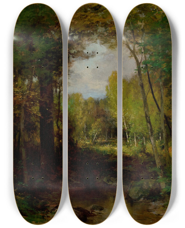 Triptych art skateboard deck of Alexander Helwig Wyant Keene Adirondacks by Alexander Helwig Wyant (1836-1892)