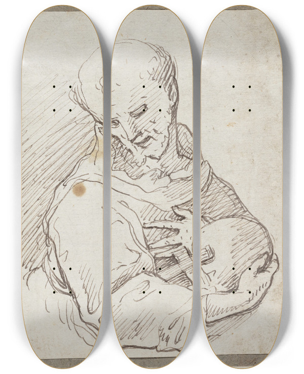 Triptych art skateboard deck of Annibale Carracci Saint Francis Of Assisi With Cross And Skull by Annibale Carracci (1560-1609)