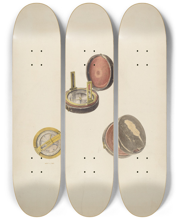 Triptych art skateboard deck of Robert Clark Hand Compass by Robert Clark