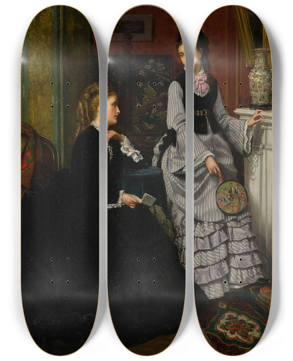 Triptych art skateboard deck of Jan Frederik Pieter Portielje Whispered Confidence by Jan Frederik Pieter Portielje (1829-1908)