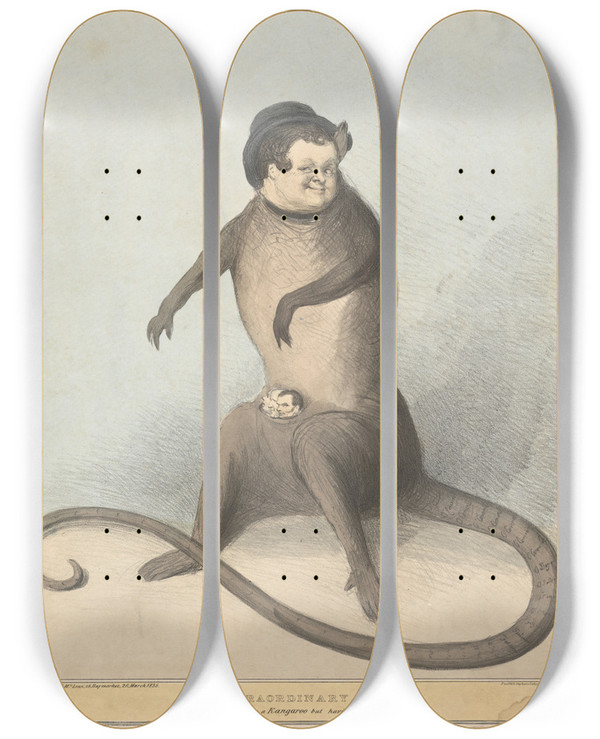 Triptych art skateboard deck of John Doyle An Extraordinary Animal Neither An Opossum Nor A Kangaroo But Having Something Of Both by John Doyle (1939)