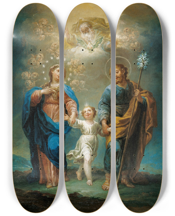 Triptych art skateboard deck of Jernimo Ezquerra The Trinity Of The Earth by Jeronimo Ezquerra (1660-1733)