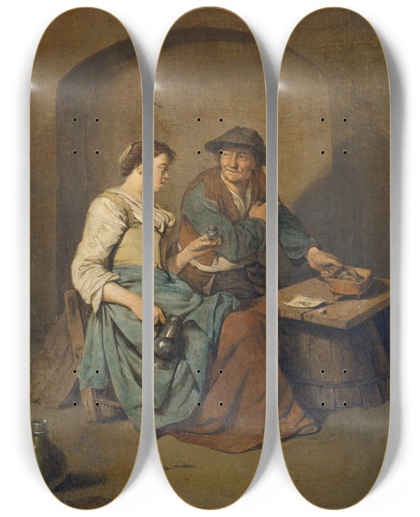 Triptych art skateboard deck of Cornelis Pietersz Bega Tavern Scene_1 by Cornelis Pietersz Bega (1631-1664)